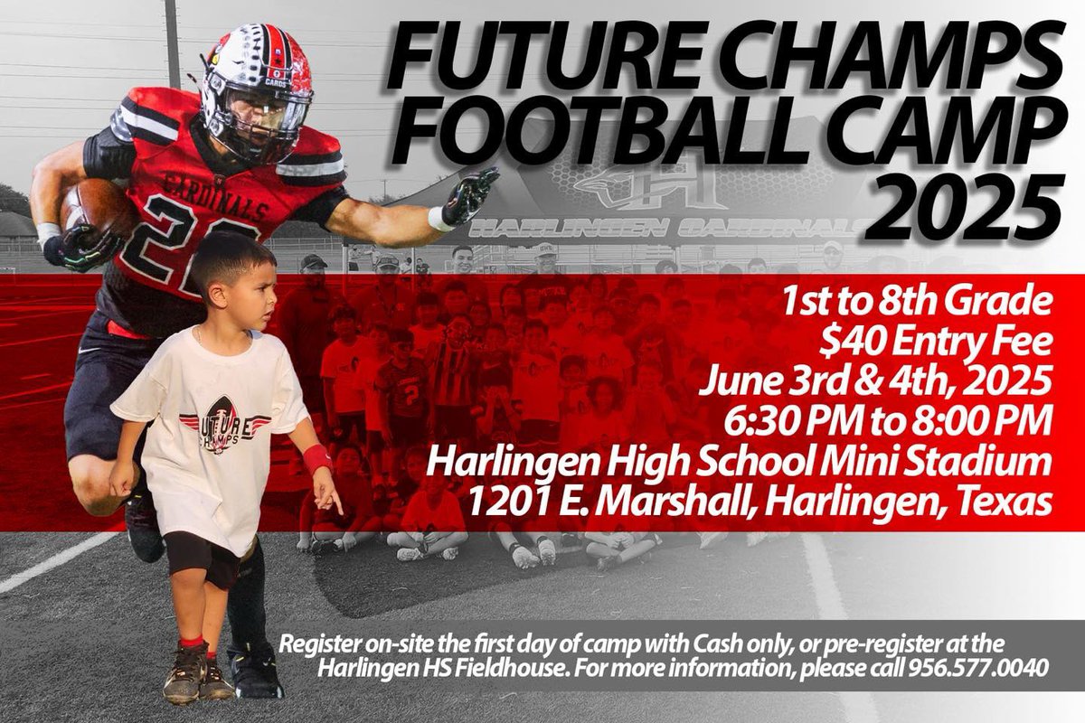 Future Champs Football Camp 2025 is right around the corner! Registration is onsite the first day, CASH ONLY!

Questions, please call (956) 577-0040. 

#csnd #mtxe