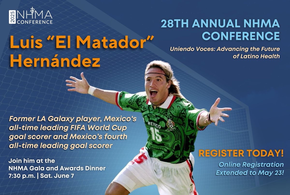 National Hispanic Medical Association (@nhmamd) on Twitter photo Golazo in Anaheim: Luis "El Matador" Hernández Joins the NHMA Gala!
Luis Hernández—Mexico's all-time leading World Cup goal scorer—will celebrate cultura, unidad y salud with hundreds of medical professionals.
Score big with <a href="/elmatadorpr/">Luis Hernández “El Matador”</a> y regĂstrate ya: nhmaconference.org Golazo in Anaheim: Luis "El Matador" Hernández Joins the NHMA Gala!
Luis Hernández—Mexico's all-time leading World Cup goal scorer—will celebrate cultura, unidad y salud with hundreds of medical professionals.
Score big with <a href="/elmatadorpr/">Luis Hernández “El Matador”</a> y regĂstrate ya: nhmaconference.org
