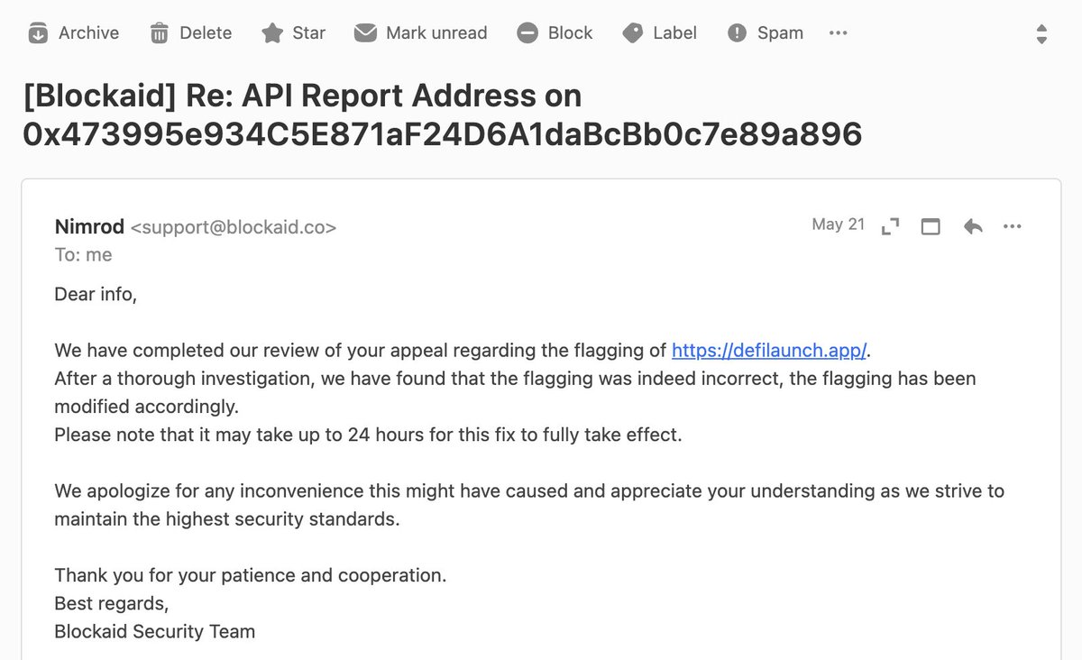 FYI: We noticed <a href="/blockaid_/">Blockaid</a>  had flagged the $DEFI contract on <a href="/Uniswap/">Uniswap Labs 🦄</a> with a "Spam" warning which is not very appealing as a legit project and token.. So we reached out to them providing multiple documents to support the project &amp; token and they agreed to remove the label 🤝