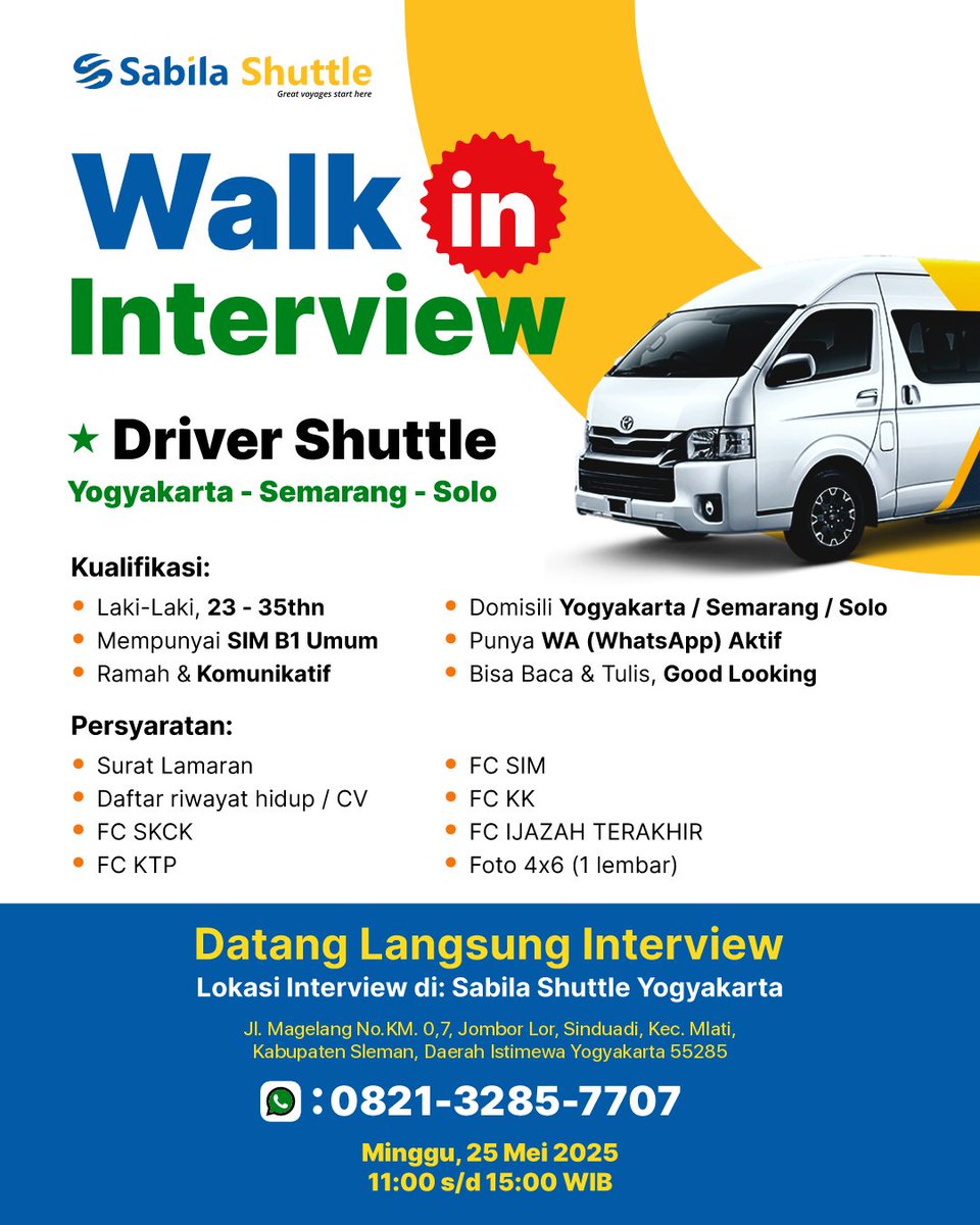 lokersemarang's tweet image. Sabila Shuttle membuka lowongan pekerjaan

Datang langsung ke Walk-in Interview
Cek tanggal,waktu dan lokasi di poster‼️

Info &amp;amp; konfirmasi:
📱WhatsApp: 0821-3285-7707

#LowonganDriver #WalkInInterview #DriverShuttle #DriverFeeder #LokerYogyakarta #LokerSemarang #LokerSolo
