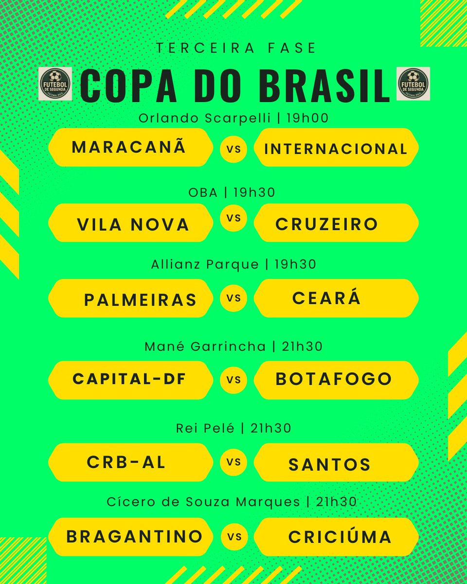 fdesegunda's tweet photo. HOJE TEM COPA DO BRASIL!

⚽Confira os confrontos desta quarta:

🟡 Maracanã x Internacional - 19h
🟡 V. Nova x Cruzeiro - 19h30
🟢 Palmeiras x Ceará - 19h30
⚫ Capital x Botafogo - 21h30
⚪ CRB x Santos - 21h30
🔴 Bragantino x Criciúma - 21h30

#CopaDoBrasil #FutebolNacional https://t.co/lGbletbzQc