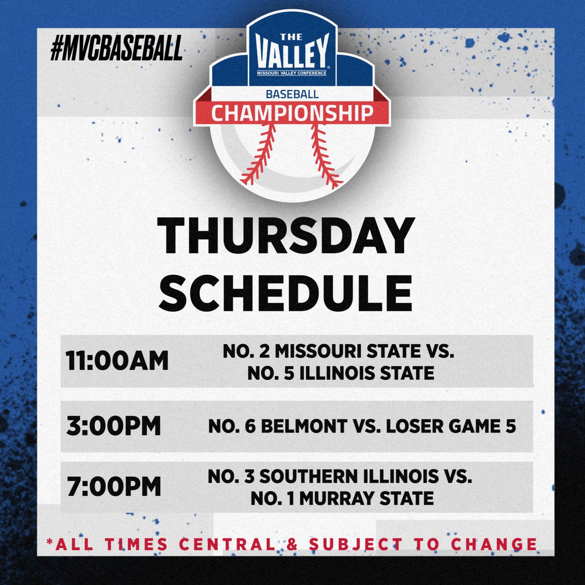 Missouri Valley Conference (@mvcsports) on Twitter photo ๐จSCHEDULE UPDATE๐จ
Due to timing from today's games, Game 5โฃ No. 2 <a href="/MoStateBSB/">Missouri State Baseball</a> vs No. 5 <a href="/RedbirdBaseball/">Illinois State Baseball</a> will be played tomorrow at 11:00 A.M. CT
Check out the rest of tomorrow's scheduleโฌ๏ธ
#MVCBaseball ๐จSCHEDULE UPDATE๐จ
Due to timing from today's games, Game 5โฃ No. 2 <a href="/MoStateBSB/">Missouri State Baseball</a> vs No. 5 <a href="/RedbirdBaseball/">Illinois State Baseball</a> will be played tomorrow at 11:00 A.M. CT
Check out the rest of tomorrow's scheduleโฌ๏ธ
#MVCBaseball