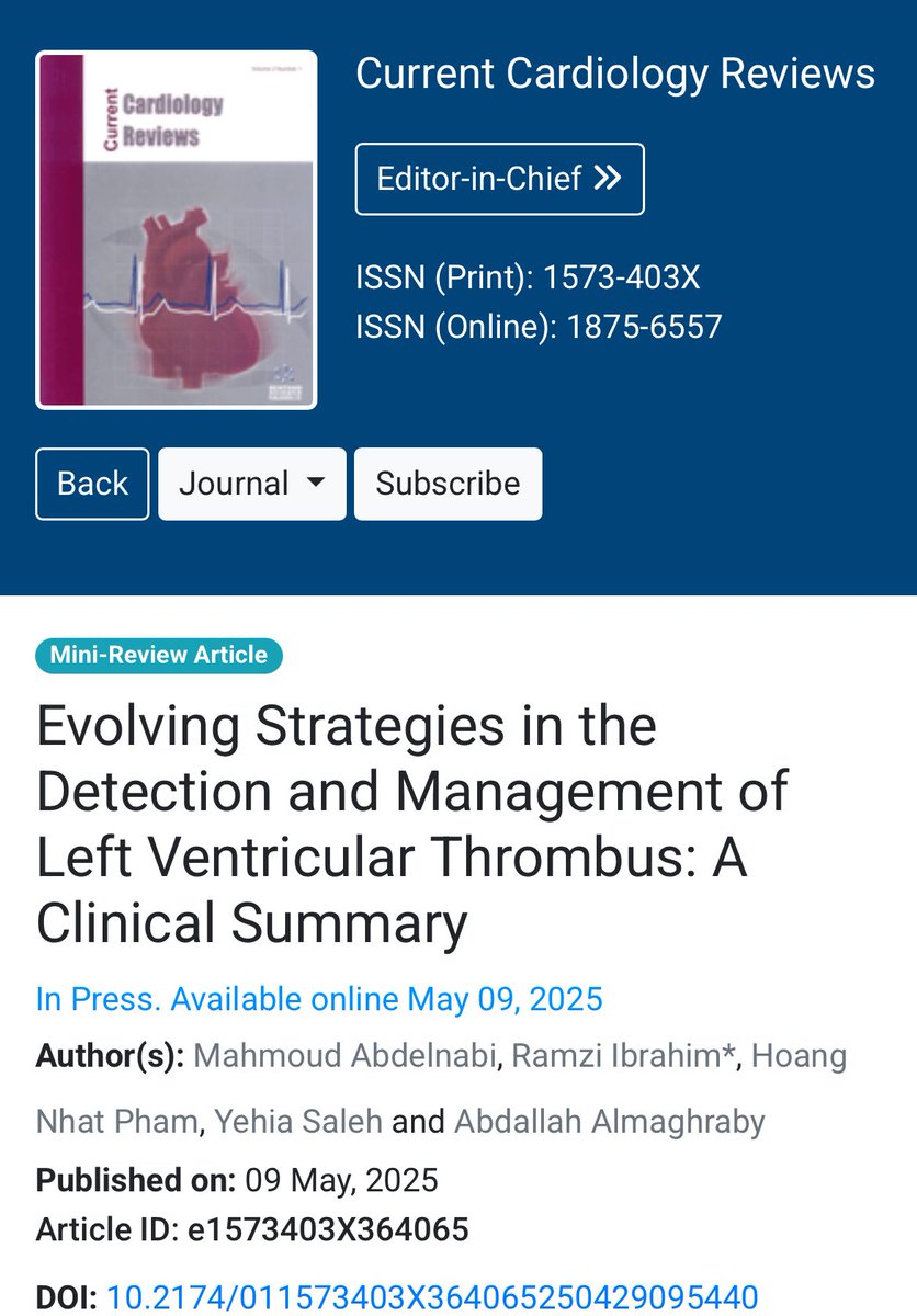 Mahmoud Abdelnabi (@m_h_abdelnabi) on Twitter photo Checkout our latest “Evolving Strategies in the Detection and Management of Left Ventricular Thrombus: A Clinical Summary”
benthamscience.com/article/148273
<a href="/MayoClinicCV/">Mayo Clinic CV</a>
<a href="/MayoAZCVFellows/">Mayo Clinic AZ CV Fellows</a>
<a href="/ramziw_/">Ramzi Ibrahim, MD</a> <a href="/hoangnhat_pham/">Hoang Nhat Pham</a>
<a href="/YehiaSaleh_MD/">Yehia Saleh</a> <a href="/dr_maghraby/">Abdallah Almaghraby</a> Checkout our latest “Evolving Strategies in the Detection and Management of Left Ventricular Thrombus: A Clinical Summary”
benthamscience.com/article/148273
<a href="/MayoClinicCV/">Mayo Clinic CV</a>
<a href="/MayoAZCVFellows/">Mayo Clinic AZ CV Fellows</a>
<a href="/ramziw_/">Ramzi Ibrahim, MD</a> <a href="/hoangnhat_pham/">Hoang Nhat Pham</a>
<a href="/YehiaSaleh_MD/">Yehia Saleh</a> <a href="/dr_maghraby/">Abdallah Almaghraby</a>