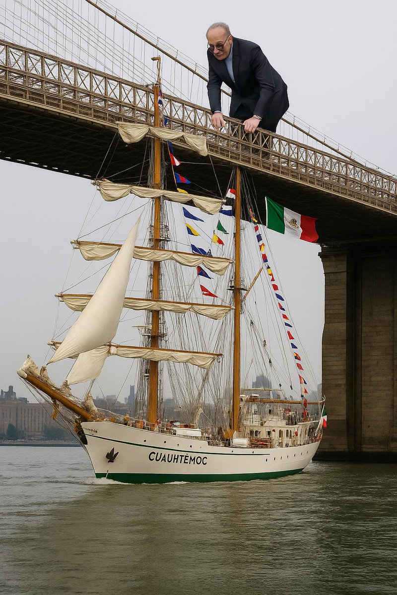 DefensTech's tweet image. &quot;Maybe if I blame Trump for the Mexican Navy ship hitting the Brooklyn Bridge, I can distract voters just long enough to get reelected.”
—@SenSchumer, apparently auditioning for Saturday Night Live.
@realDonaldTrump @elonmusk you seeing this? He’s selling the bridge and blaming…