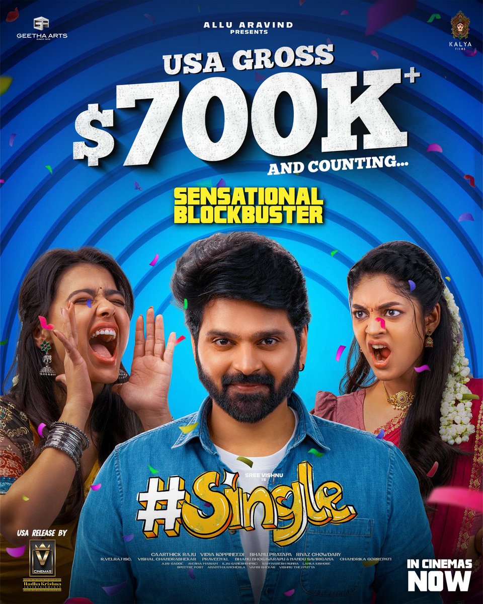 V Cinemas (@vcinemasus) on Twitter photo 700K+ Reasons to Laugh 😂🔥
#Single continues its unstoppable run in the USA 🫶❤️
Unstoppable vibes. Non-stop laughs.
Book your tickets now and join the madness! 🙏🤩
USA Release By <a href="/VcinemasUS/">V Cinemas</a>
#Single #SingleMovie
<a href="/sreevishnuoffl/">#SINGLE Sree Vishnu</a> <a href="/GeethaArts/">Geetha Arts</a> <a href="/KalyaFilms/">Kalya Films</a> 700K+ Reasons to Laugh 😂🔥
#Single continues its unstoppable run in the USA 🫶❤️
Unstoppable vibes. Non-stop laughs.
Book your tickets now and join the madness! 🙏🤩
USA Release By <a href="/VcinemasUS/">V Cinemas</a>
#Single #SingleMovie
<a href="/sreevishnuoffl/">#SINGLE Sree Vishnu</a> <a href="/GeethaArts/">Geetha Arts</a> <a href="/KalyaFilms/">Kalya Films</a>
