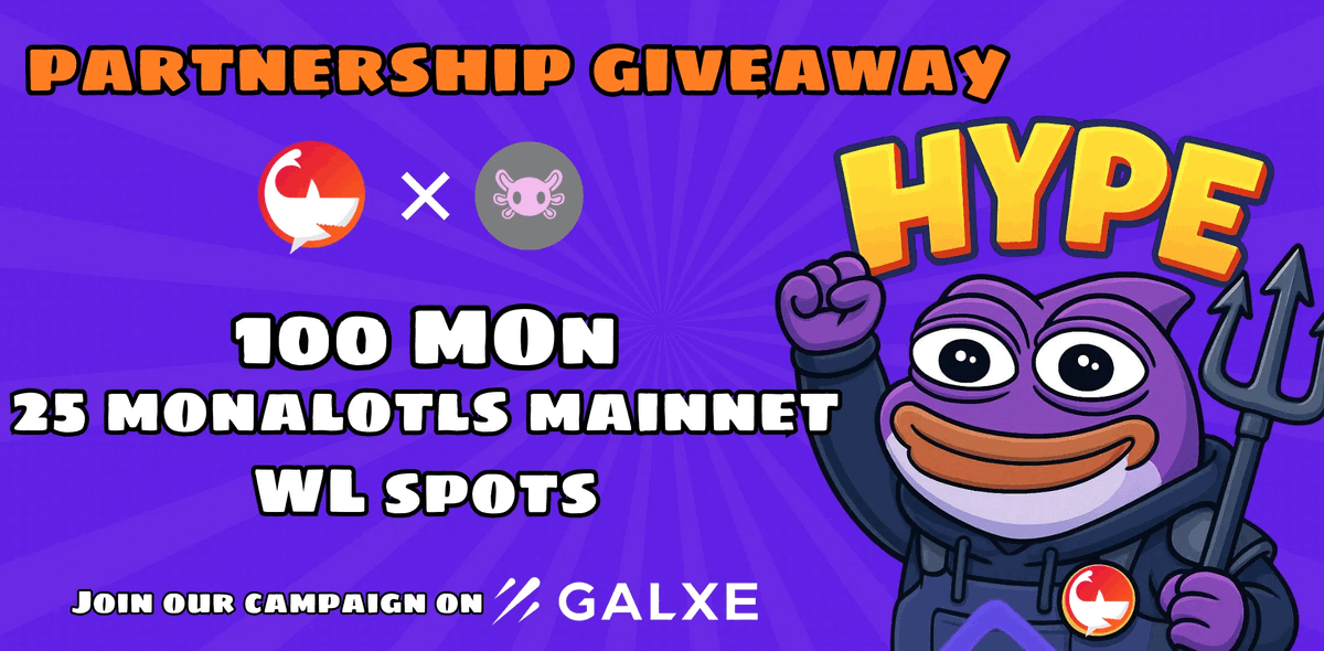 NFTFeed and <a href="/Monalotls/">Monalotls | FREE MINT</a> Giveaway

25 Mainnet WL spots and 100 MON from Monalotls

app.galxe.com/quest/NFTFeed/…

🎯 Your Mission:

1️⃣ Follow <a href="/nftfeed_guru/">NFTFeed 🦈</a> and <a href="/Monalotls/">Monalotls | FREE MINT</a>
2️⃣ Like, Retweet, and tag 3 sharks
3️⃣ Join both Discord: discord.com/invite/W6dQP5E… &amp;
discord.gg/monalotls
4️⃣