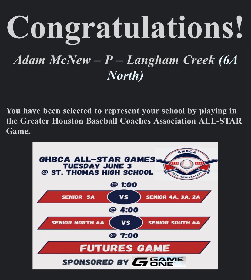 amcnew8's tweet photo. Honored to represent @LanghamBaseball one last time at the @HTXAreaBaseball All-Star Game. Game will be played at St. Thomas High School on Tuesday, June 3rd at 4 PM. 
@PBFutures @ackangaroosbsb https://t.co/KtCEESTHVI