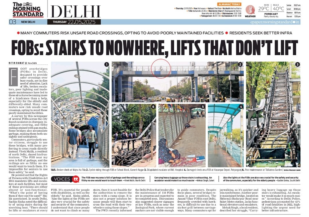 TheMorningStandard (@themornstandard) on Twitter photo Our survey of several FOBs across #Delhi found escalators in disrepair, inadequate covering, and filthy railings stained with pan marks. Some bridges also accumulate garbage, making them both unsightly and unhygienic. Report by <a href="/rawatnitin18/">Nitin Rawat</a>
<a href="/santwana99/">santwanabhattacharya</a> Our survey of several FOBs across #Delhi found escalators in disrepair, inadequate covering, and filthy railings stained with pan marks. Some bridges also accumulate garbage, making them both unsightly and unhygienic. Report by <a href="/rawatnitin18/">Nitin Rawat</a>
<a href="/santwana99/">santwanabhattacharya</a>