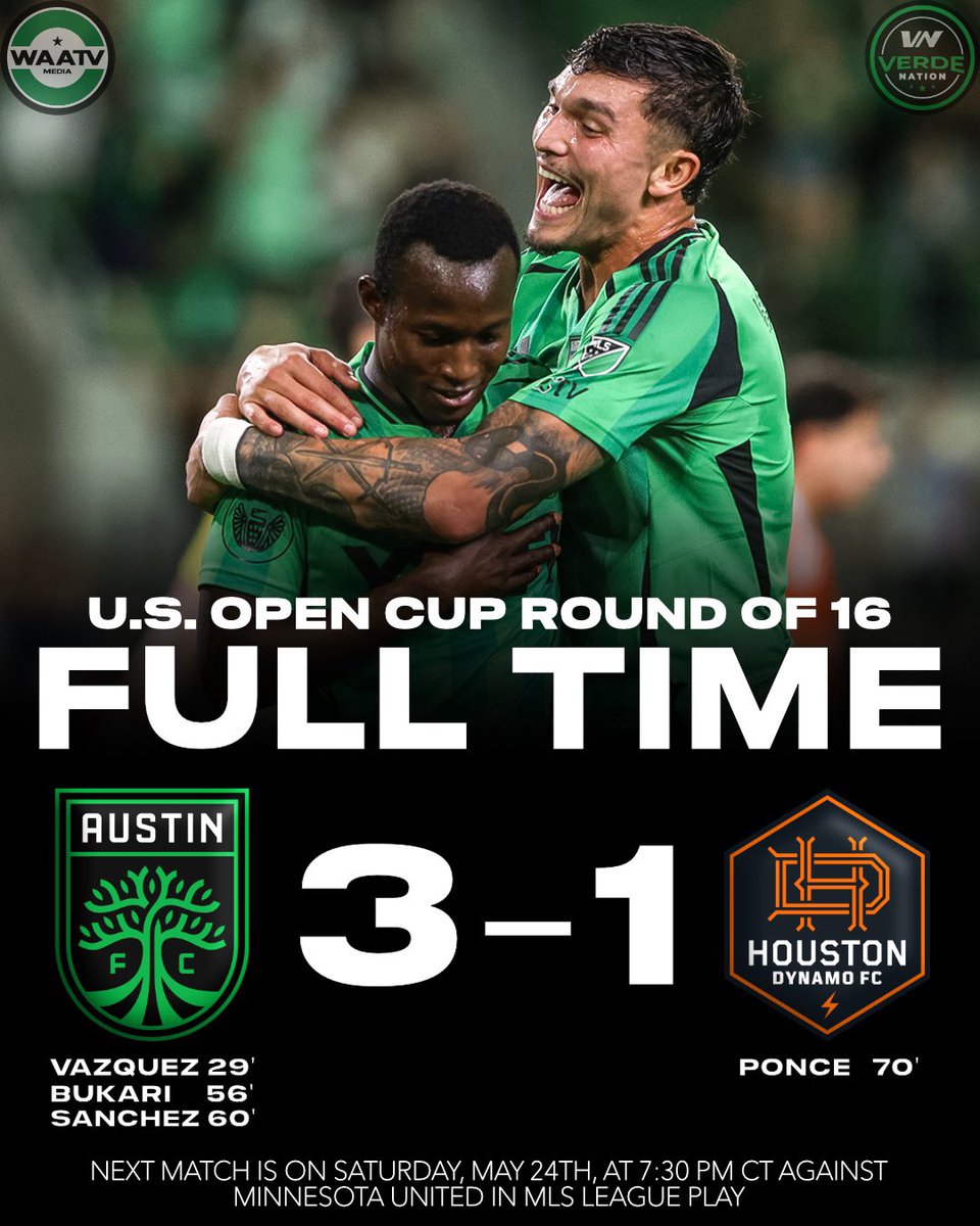 FULL TIME: Austin FC 3-1 Houston Dynamo 🌳🏆

With goals by Vazquez, Bukari (PK), and Sanchez, @austinfc defeats the Dynamo and moves on to the Quarter Finals of the U.S. Open Cup for the first time in club history… Por la copa! 🏆🌳

Bukari MOTM, Cascante red card, what are