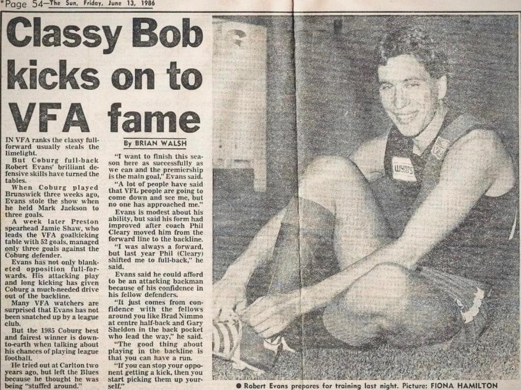 Coburg to play Footscray on June 7 and the BOG player will receive the Robbie Evans Medal. Robbie was a star for the Lions and later president.He also played for the Dogs. 'There is no question Robbie helped save our club and for that we will be forever thankful,' the Lions said.