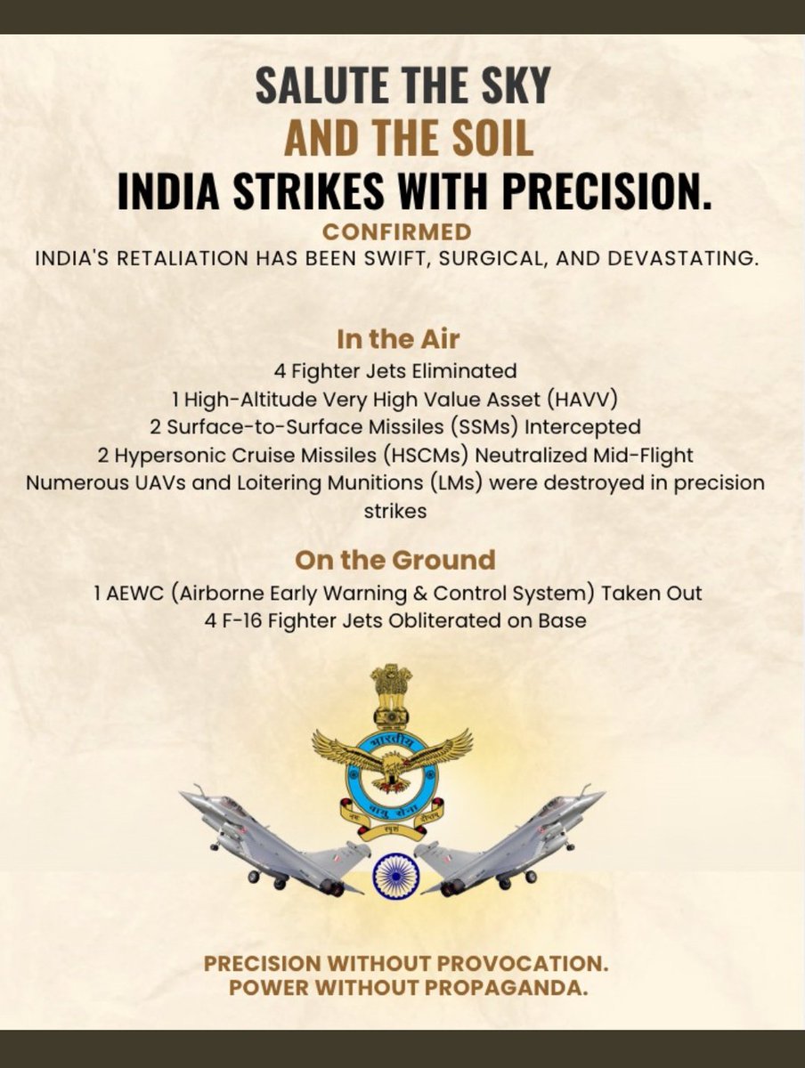 ankitatIIMA's tweet photo. 💥 Confirmed - Why orange juice was declaring ceasefire on his own 😂

4 Fighter jets taken down in the air.

4 F-16 destroyed on the ground.

This is why his paid agents in Lutyens right wing were asking how many rafales damaged. https://t.co/j7rpn38bjd
