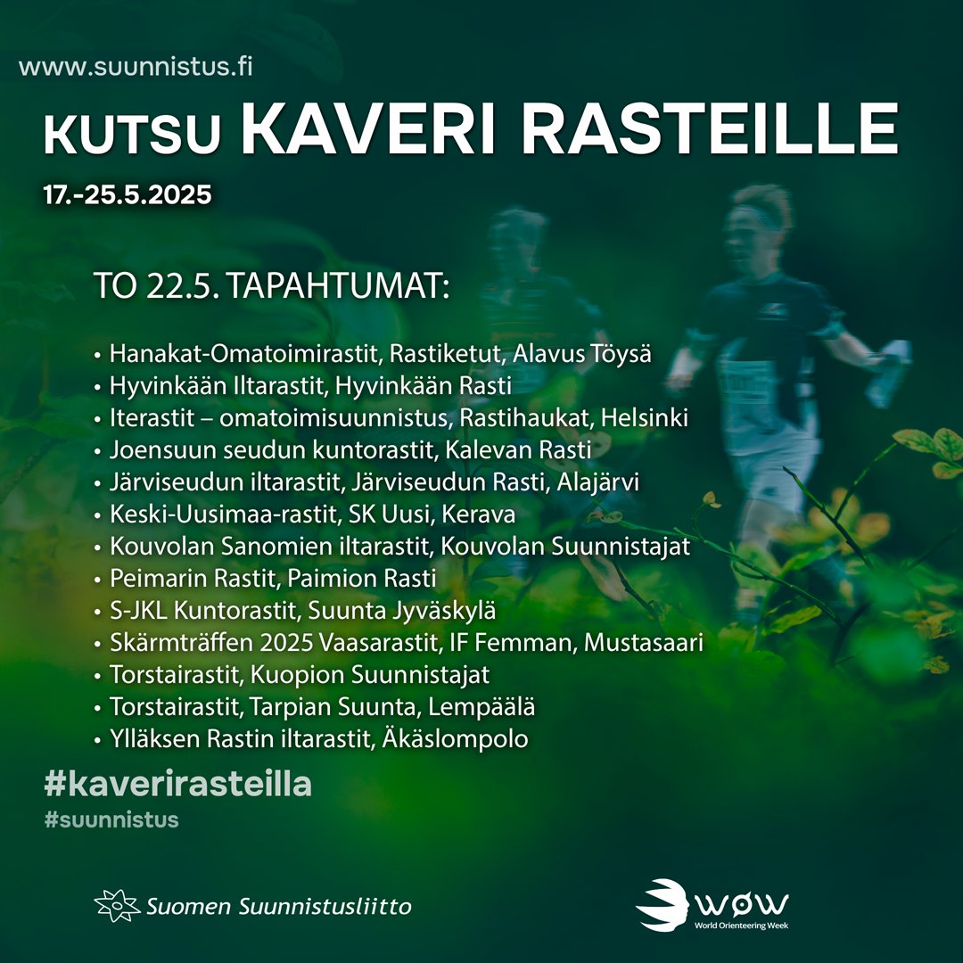 Kutsu kaveri kuntorasteille -kampanjan tapahtumat tänään torstaina 22.5.:

suunnistus.fi/tapahtumat/kut…

#suunnistus
#kaverirasteilla