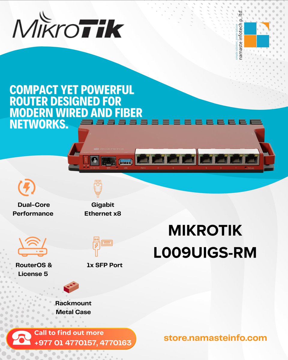 LtdNamaste's tweet image. The MikroTik L009UiGS-RM is a high-performance, rackmount router designed for professional networking setups.
To know more:
store.namasteinfo.com/product/mikrot…
#Hardware, #NetworkingandSecurity #cloudrouterswitch,  #mikrotikproductinnepal, #MikroTikL009UiGSRM #network, #hardware,