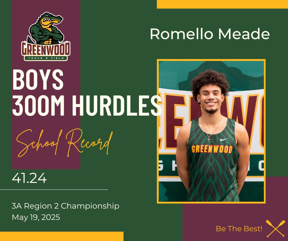 GHS Track & Field (@gatortrackfield) on Twitter photo Congratulations to <a href="/Romellojmeade24/">Romello Meade</a> - the Greenwood school record holder in the Boys 300m Hurdles. Mello ran 41.24 at the Region Championship, breaking his own record of 41.45 set last season.π
<a href="/GwoodHS/">Greenwood High Schoolπ</a> <a href="/GHSGatorSports/">Greenwood Gators Athletics</a> Congratulations to <a href="/Romellojmeade24/">Romello Meade</a> - the Greenwood school record holder in the Boys 300m Hurdles. Mello ran 41.24 at the Region Championship, breaking his own record of 41.45 set last season.π
<a href="/GwoodHS/">Greenwood High Schoolπ</a> <a href="/GHSGatorSports/">Greenwood Gators Athletics</a>