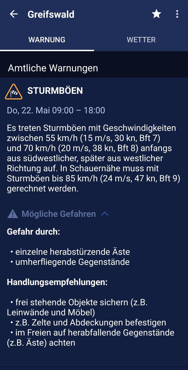 +++ WETTERWARNUNG +++

Es treten Sturmböen mit Geschwindigkeiten zwischen 55 km/h &amp; 70 km/h aus Südwest, später aus West auf. In Schauernähe muss mit Sturmböen bis 85 km/h gerechnet werden.

Gefahr durch
⚠️ herabfallende Äste
⚠️ umherfliegende Gegenstände 

#DWD #Greifswald112