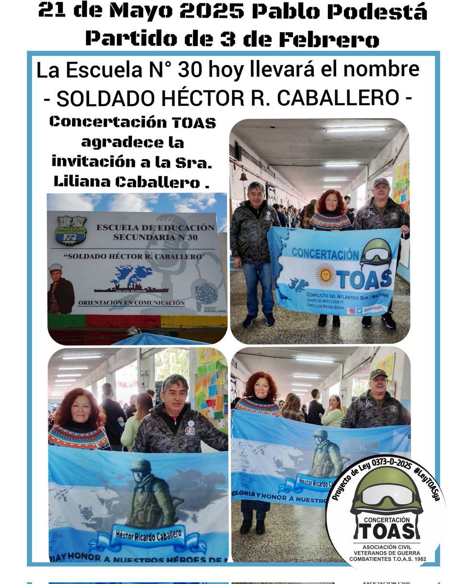 #Pablopodesta Escuela N° 30 SOLDADO HÉCTOR R. CABALLERO . Integrantes de <a href="/ConcertaTOAS/">ConcertaciónT.O.A.S</a> agradecen la invitación de Liliana Caballero a dicho evento Muchas Gracias!! #NoTodoPasoEnMalvinas #proyectodeley0373d2025 <a href="/DiputadosAR/">Diputados Argentina</a> <a href="/SenadoArgentina/">Senado Argentina</a>