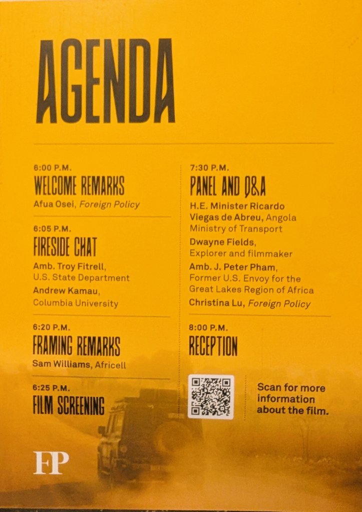 Dr. J. Peter Pham 🇺🇲 (@drjppham) on Twitter photo As an <a href="/AfricellGroup/">Africell Group</a> director, delighted to join <a href="/ForeignPolicy/">Foreign Policy</a>, <a href="/AsstSecStateAF/">Bureau of African Affairs</a>’s Amb. Troy Fitrell, #Angola🇦🇴 Transportation Minister Ricardo Viegas de Abreu & others tonight in DC for the world premier of <a href="/DwayneFields/">DWAYNE FIELDS FRGS</a>’ documentary about the #USA🇺🇲 & #Africa’s new frontier. As an <a href="/AfricellGroup/">Africell Group</a> director, delighted to join <a href="/ForeignPolicy/">Foreign Policy</a>, <a href="/AsstSecStateAF/">Bureau of African Affairs</a>’s Amb. Troy Fitrell, #Angola🇦🇴 Transportation Minister Ricardo Viegas de Abreu & others tonight in DC for the world premier of <a href="/DwayneFields/">DWAYNE FIELDS FRGS</a>’ documentary about the #USA🇺🇲 & #Africa’s new frontier.