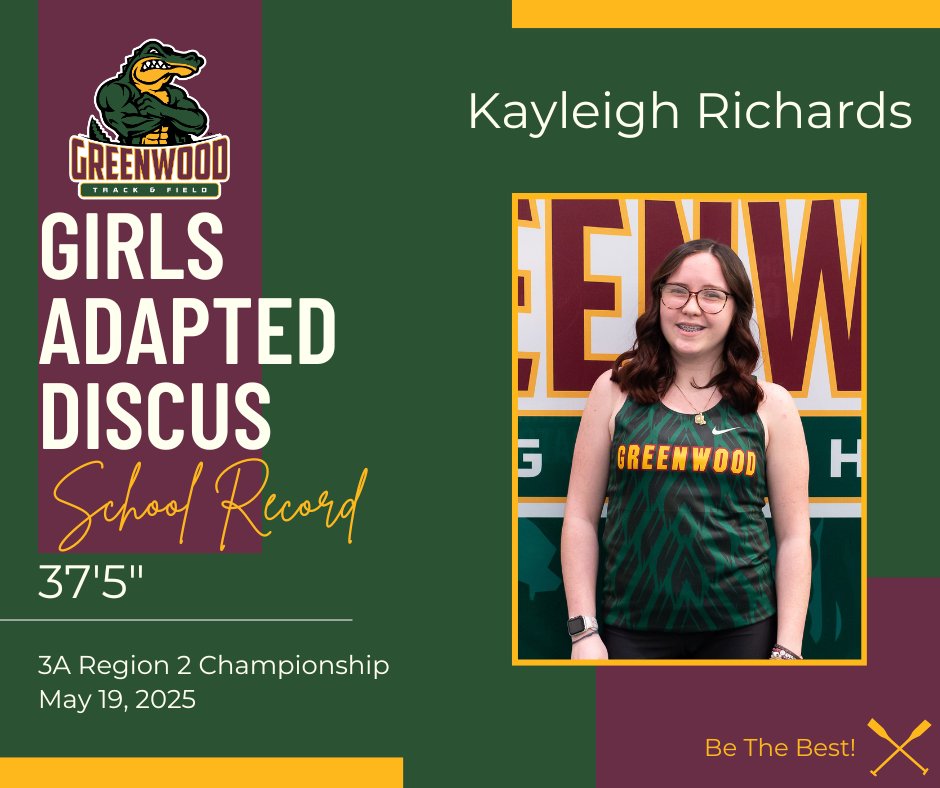 GHS Track & Field (@gatortrackfield) on Twitter photo Congratulations to Kayleigh Richards - the Greenwood school record holder in the Girls Adapted Discus! Kayleigh threw 37'5" at the Region Championship, breaking her own record of 30'2" set last season and tied earlier this season.π <a href="/GwoodHS/">Greenwood High Schoolπ</a> <a href="/GHSGatorSports/">Greenwood Gators Athletics</a> Congratulations to Kayleigh Richards - the Greenwood school record holder in the Girls Adapted Discus! Kayleigh threw 37'5" at the Region Championship, breaking her own record of 30'2" set last season and tied earlier this season.π <a href="/GwoodHS/">Greenwood High Schoolπ</a> <a href="/GHSGatorSports/">Greenwood Gators Athletics</a>