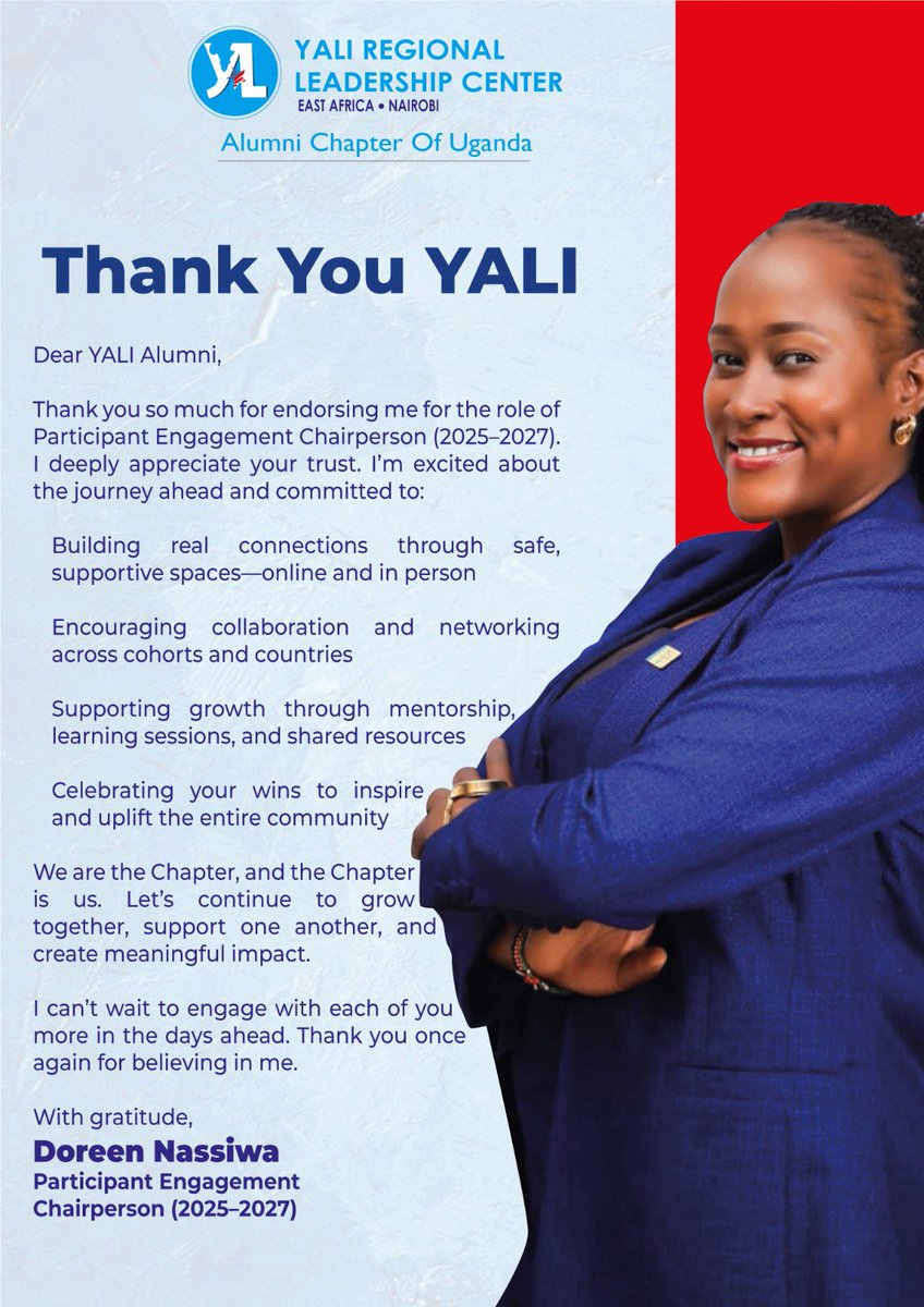 Doreen Nassiwa (@dorynclara) on Twitter photo Dear distinguished YALI Alumni , Iam so honored by your trust to lead, connect, engage and empower us all through the next two inspiring terms.
Thank you <a href="/YALIRLCAlumniUg/">YALIRLCEA Alumni- UG</a> <a href="/YALIRLCEA/">YALI RLC EA</a>
<a href="/usmissionuganda/">U.S. Mission Uganda</a>
For GOD and my country I pledge to serve this amazing YALI Alumni Chapter 🇺🇬 Dear distinguished YALI Alumni , Iam so honored by your trust to lead, connect, engage and empower us all through the next two inspiring terms.
Thank you <a href="/YALIRLCAlumniUg/">YALIRLCEA Alumni- UG</a> <a href="/YALIRLCEA/">YALI RLC EA</a>
<a href="/usmissionuganda/">U.S. Mission Uganda</a>
For GOD and my country I pledge to serve this amazing YALI Alumni Chapter 🇺🇬