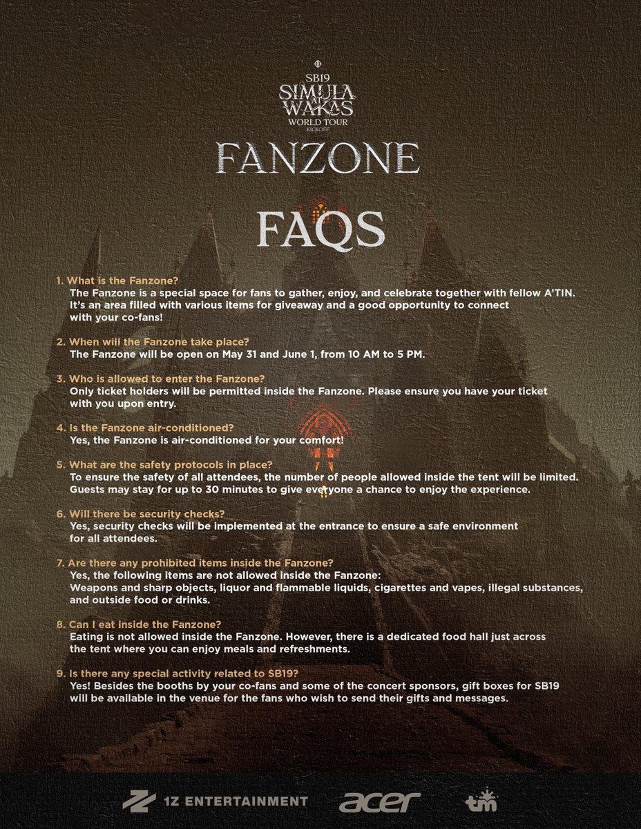 🍎 Simula at Wakas World Tour Kickoff: Fanzone FAQs

Here's everything you need to know about the Fanzone this May 31 to June 1. Check out our FAQs here.

#SimulaAtWakas #SB19
#SB19SimulaAtWakas #SB19SaW
#SaWWorldTour #SaWWorldTourKickoff