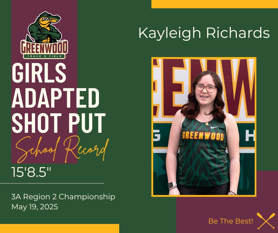 GHS Track & Field (@gatortrackfield) on Twitter photo Congratulations to Kayleigh Richards - the new Greenwood school record holder in the Girls Adapted Shot Put! Kayleigh threw 15'8.5" at the Region Championship, breaking an 8-year-old record of 14'11" held by Madison Duncan.π <a href="/GHSGatorSports/">Greenwood Gators Athletics</a> <a href="/GwoodHS/">Greenwood High Schoolπ</a> Congratulations to Kayleigh Richards - the new Greenwood school record holder in the Girls Adapted Shot Put! Kayleigh threw 15'8.5" at the Region Championship, breaking an 8-year-old record of 14'11" held by Madison Duncan.π <a href="/GHSGatorSports/">Greenwood Gators Athletics</a> <a href="/GwoodHS/">Greenwood High Schoolπ</a>