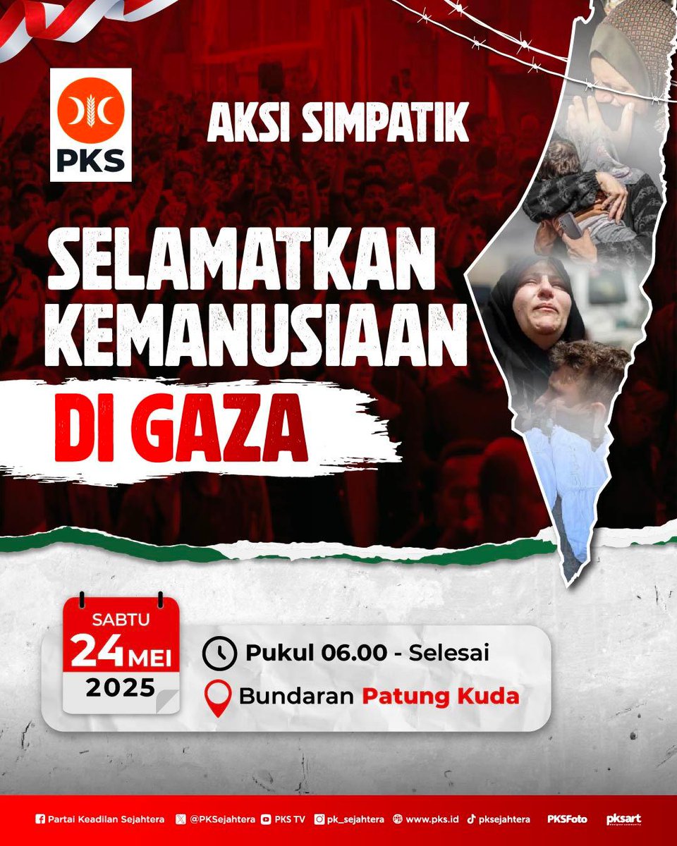 Kita berdiri bersama yang tertindas. Kita berdiri bersama kebenaran. Kita berdiri sampai keadilan dan kemerdekaan untuk rakyat Palestina terwujudkan.

Aksi Simpatik "Selamatkan Kemanusiaan di Gaza"

Sabtu, 24 Mei 2025
Pukul 06.00 - Selesai
Lokasi Bundaran Patung Kuda