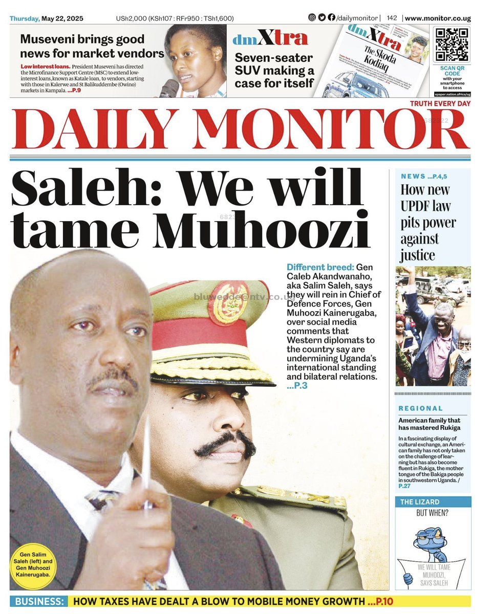ntvuganda's tweet photo. Gen Salim Saleh vows to rein in CDF Gen Muhoozi Kainerugaba over social media remarks that diplomats say harm Uganda’s international image.

What’s your take on this?
#MorningAtNTV https://t.co/HHZgchGJSe