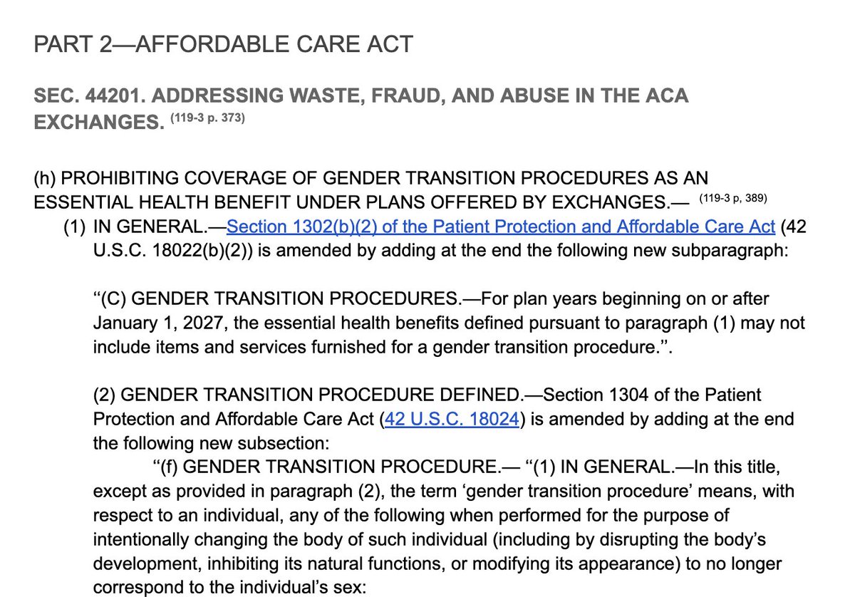 🚨 In addition to banning gender affirming care through Medicaid, Trump's reconciliation bill PROHIBITS health insurance bought through Obamacare exchanges from offering transition care as an EHB. 

Detransition care, though, is specifically protected. CALL YOUR HOUSE REPS!