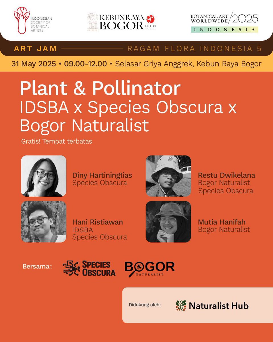 inikeke's tweet photo. @IDSBA_ @KEHATI @MahandisYoanata ARTJAM "Plant and Pollinator" bersama @speciesobscura #BogorNaturalist #NaturalistHub 

📍Selasar Griya Anggrek
Kebun Raya Bogor
Sabtu, 31 Mei 2025
09.00 - 12.00 WIB
📌Daftar: 
https://t.co/00HOgL0FFc

Terbuka untuk umum. GRATIS! Kuota terbatas. https://t.co/g9qdtJMoGn