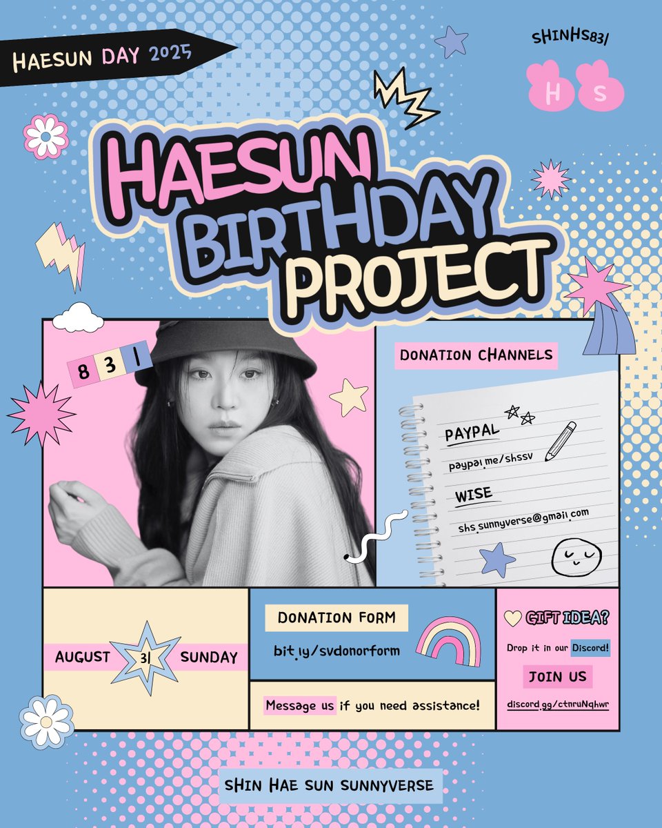 📢︱2025 Birthday Project Announcement

It's almost that time of the year again! We'll be raising funds for Haesun's birthday this year, and we'd love for you to be a part of it!

- Have an idea for a gift to send? Share it with the team in our Discord channel:
