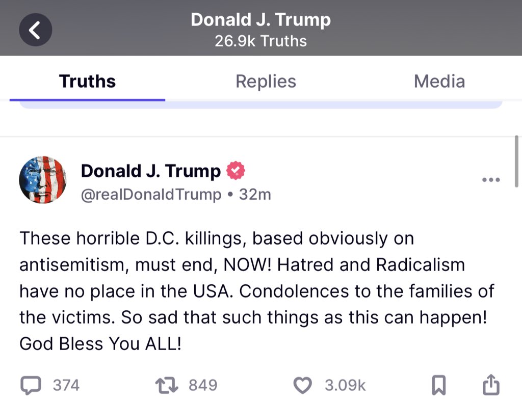 President Trump just released a statement about the Islamic inspired assassination of 2 Jews in DC tonight by a radical leftist who screamed FREE PALESTINE when he opened fire on Jews in an Islamic terrorist attack.