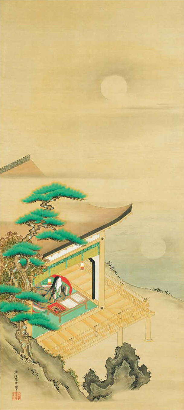 2幅 土佐光起 石山寺観月図 平安人物図 土佐家中興の祖 肉筆 落款 掛け軸 2幅 土佐光起 石山寺観月図 平安人物図 土佐家中興の祖