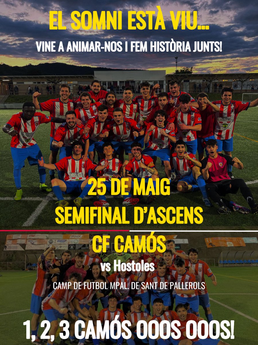 CFCamos's tweet photo. Diumenge a les 17h ens desplacem a Sant Feliu de Pallerols, per disputari l'anada de la semifinal de la fase d'ascens a tercera catalana contra l' Hostoles, som-hi! https://t.co/HdcYHz36a3