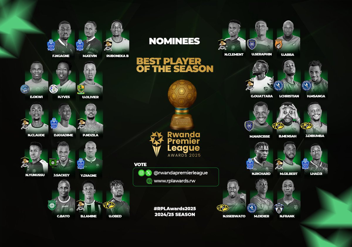 Cya gihe cyageze 🔥

RPL yishimiye kubamenyesha abakinnyi 30 bahataniye igihembo cy’Umukinnyi w’Umwaka wa 2024-2025 🏆

🗓️ Tora guhera uyu munsi kugeza tariki ya 28 Gicurasi 2025.

🗳️ Tora umukinnyi wawe:

👉 Muri comments
👉 Cg unyuze kuri rplawards.rw

#RPLAwards2025