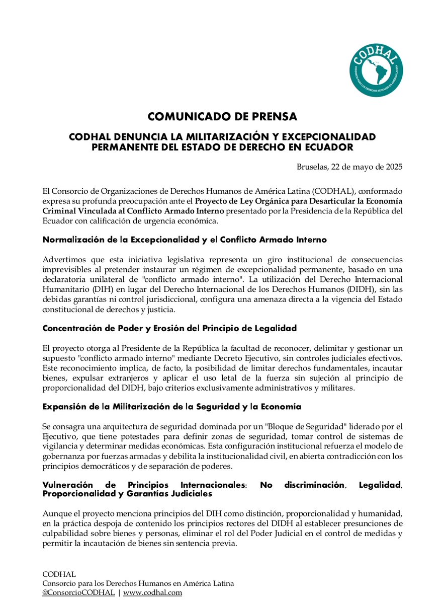 ConsorcioCODHAL's tweet image. Desde #CODHAL denunciamos la militarización permanente del Estado de Derecho en #Ecuador. El nuevo proyecto de ley consagra un régimen de excepción sin garantías judiciales ni control constitucional. Llamamos a la comunidad internacional @CorteIDH @CorteConstEcu @DEFENSORIAEC