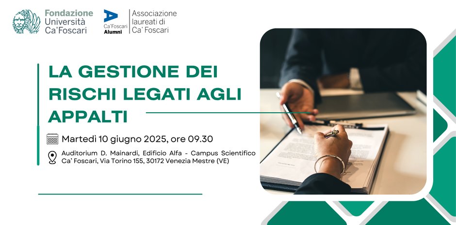 Martedì 10 giugno 2025, l’Auditorium Mainardi del Campus Scientifico di Ca’ Foscari ospiterà il convegno “La gestione dei rischi legati agli appalti”.

📍 Campus Scientifico, Edificio Alfa – Via Torino 155, Mestre – Venezia
ℹ️ Maggiori info e iscrizioni: bit.ly/Gestione-risch…