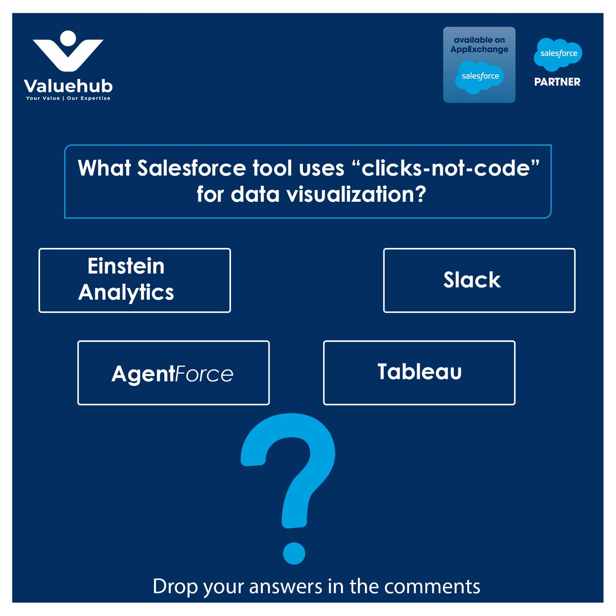 Want to know which #Salesforce tool turns raw data into rich visuals — with just clicks, not code? 🤔

🧠 Clue: It’s in our latest blog — “AI, Data Cloud, Tableau &amp; Slack: The Modern Way to Win the Chase!”

Drop your guess 👇

#SalesforceQuiz #ClicksNotCode #ValuehubInsights