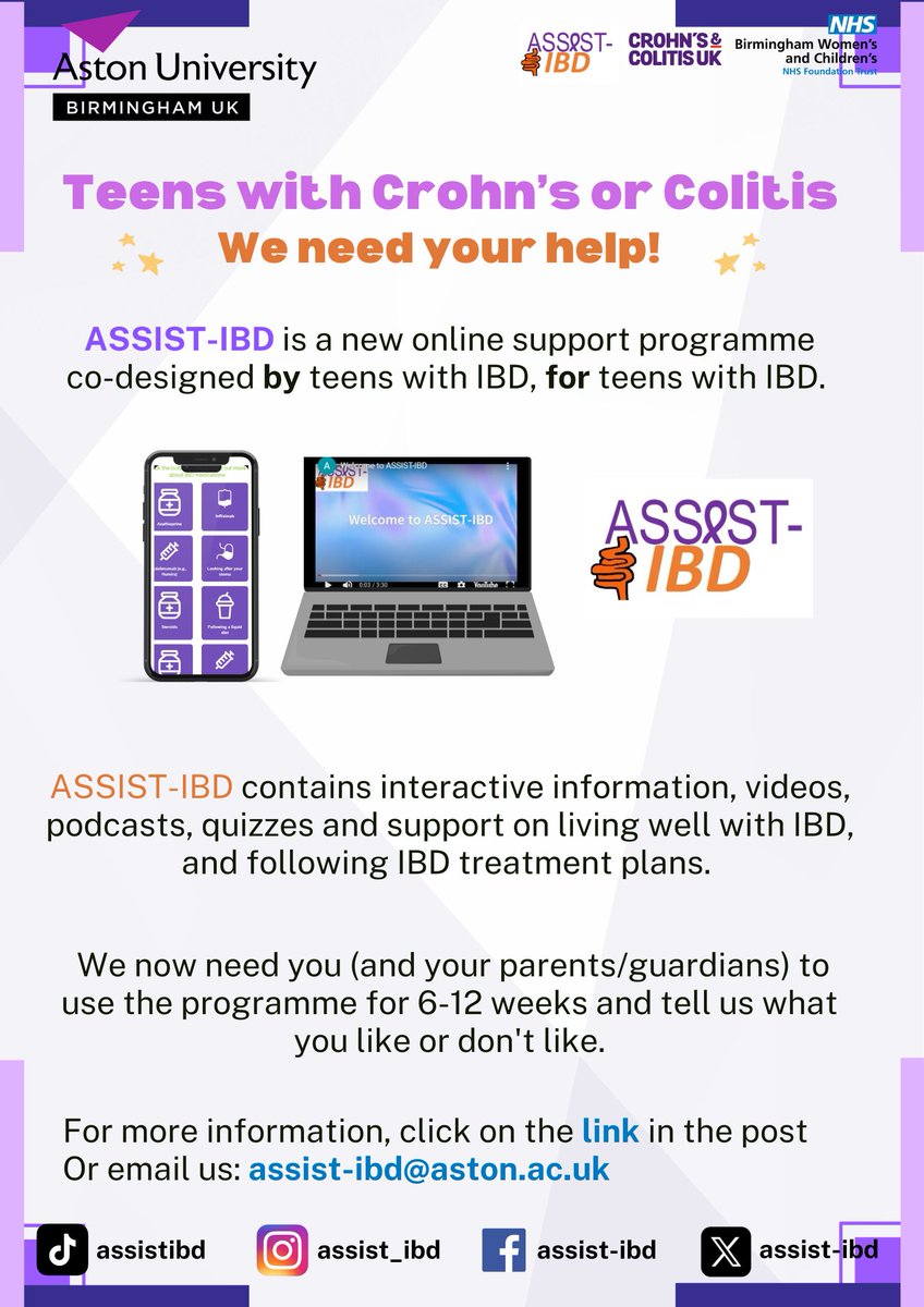 Teens with #crohns or #colitis and their parents/guardians- we need your help!   
We've developed a new web support programme, ASSIST-IBD to help teens live well with IBD. We need you to try it out and tell us what you think!   

Click link for more info: astonpsychology.eu.qualtrics.com/jfe/form/SV_5B…