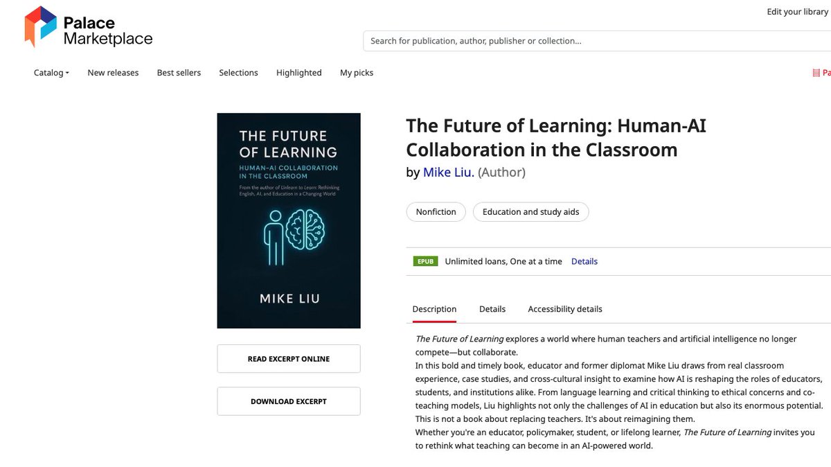 Michael30303521's tweet image. 📚 The Future of Learning is now live on Palace Marketplace!
Explore how teachers and AI can collaborate—not compete.
Unlimited library loans, no waitlists.
🧠 Read via U.S. public libraries:
🔗 market.thepalaceproject.org/item/6706135
#AIinEducation #LibraryAccess