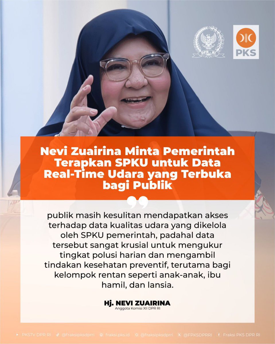 Nevi Zuairina Minta Pemerintah Terapkan SPKU untuk Data Real-Time Udara yang Terbuka bagi Publik

Anggota Komisi XII DPR RI dari Fraksi PKS, Hj. Nevi Zuairina, menekankan pentingnya keterbukaan dan integrasi data kualitas udara secara real-time melalui sistem Stasiun Pemantauan