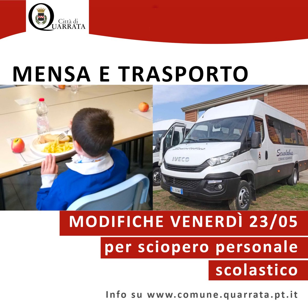 ⚠️ MODIFICHE MENSA E TRASPORTO
I servizi di trasporto e ristorazione scolastica subiscono delle modifiche venerdì 23/5 per la possibile adesione del personale scolastico dell'I.C. M.Nannini allo sciopero
👉bit.ly/437Ob1B