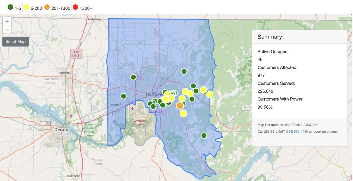 Huntsville Utilities (@hsvutilities) on Twitter photo POWER OUTAGE UPDATE
Thurs, May 22, 2025 – 4:30 am
Customers without power:  977
19 poles down
5 poles damaged/leaning
26 lines down
38 tree issues
Crews will continue to make repairs following the severe weather which impacted the service area Tuesday, May 20th. POWER OUTAGE UPDATE
Thurs, May 22, 2025 – 4:30 am
Customers without power:  977
19 poles down
5 poles damaged/leaning
26 lines down
38 tree issues
Crews will continue to make repairs following the severe weather which impacted the service area Tuesday, May 20th.