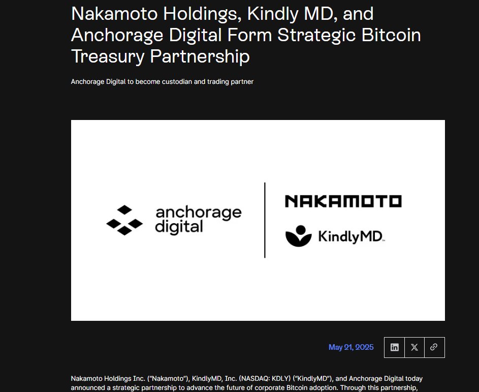 🚨 BREAKING: "Collaborazione Strategica: Nakamoto Holdings e KindlyMD Uniscono Forze con Anchorage Digital Prima della Fusione"