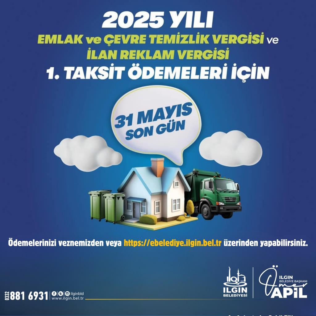 Vergilerimizi ödemeyi unutmayalım...

2025 yılı 1. taksit ödemeleri 31 Mayıs 2025 Cumartesi günü sona erecektir. Son ödeme tarihinden önce ödeme yaparak cezalı duruma düşmemenizi rica ederiz. 

Ödemelerinizi veznemizden veya ebelediye.ilgin.bel.tr üzerinden yapabilirsiniz.