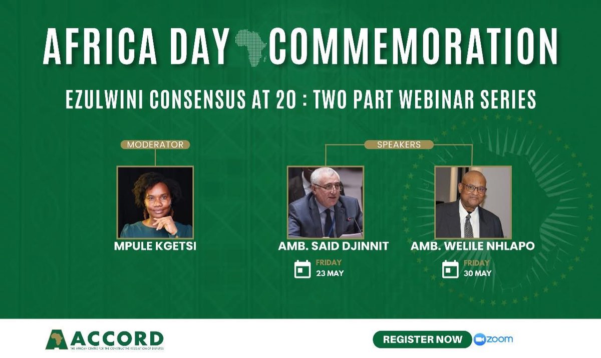 African Union Youth Ambassadors for Peace (@au_ayaps) on Twitter photo 1/2 In commemoration of #AfricaDay, @ACCORDonline invites you to a two-part webinar series reflecting on 20 Years of the Ezulwini Consensus.
Part I | 23 May 2025 β H.E. Amb. <a href="/djinnitsaid/">Said Djinnit</a>, former AU Com for PAPS
Part II | 30 May 2025 β H.E. Amb. Welile, former Amb of SA to the OAU 1/2 In commemoration of #AfricaDay, @ACCORDonline invites you to a two-part webinar series reflecting on 20 Years of the Ezulwini Consensus.
Part I | 23 May 2025 β H.E. Amb. <a href="/djinnitsaid/">Said Djinnit</a>, former AU Com for PAPS
Part II | 30 May 2025 β H.E. Amb. Welile, former Amb of SA to the OAU