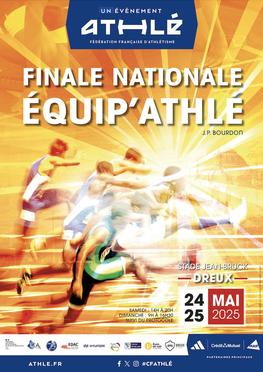 La finale nationale d'Équip'Athlé a lieu ce week-end au stade Jean Bruck ! Venez encourager les jeunes athlètes samedi de 14h à 20h et dimanche de 9h à 16h30.
📅 Entrée libre
#Dreux #sport