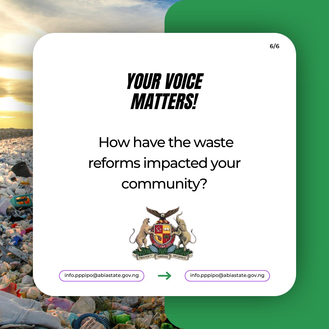 AbiaPPP_IP's tweet image. Swipe through our Q&amp;amp;A carousel to see how these reforms are transforming lives and what the future holds for sanitation and sustainability in Abia.

Got something to share? Drop a comment or tag us with 
#CleanAbia #AbiaRising #WasteReform #AbiaState #PublicFeedback #AbiaPPP