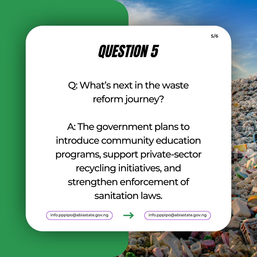 AbiaPPP_IP's tweet image. Swipe through our Q&amp;amp;A carousel to see how these reforms are transforming lives and what the future holds for sanitation and sustainability in Abia.

Got something to share? Drop a comment or tag us with 
#CleanAbia #AbiaRising #WasteReform #AbiaState #PublicFeedback #AbiaPPP