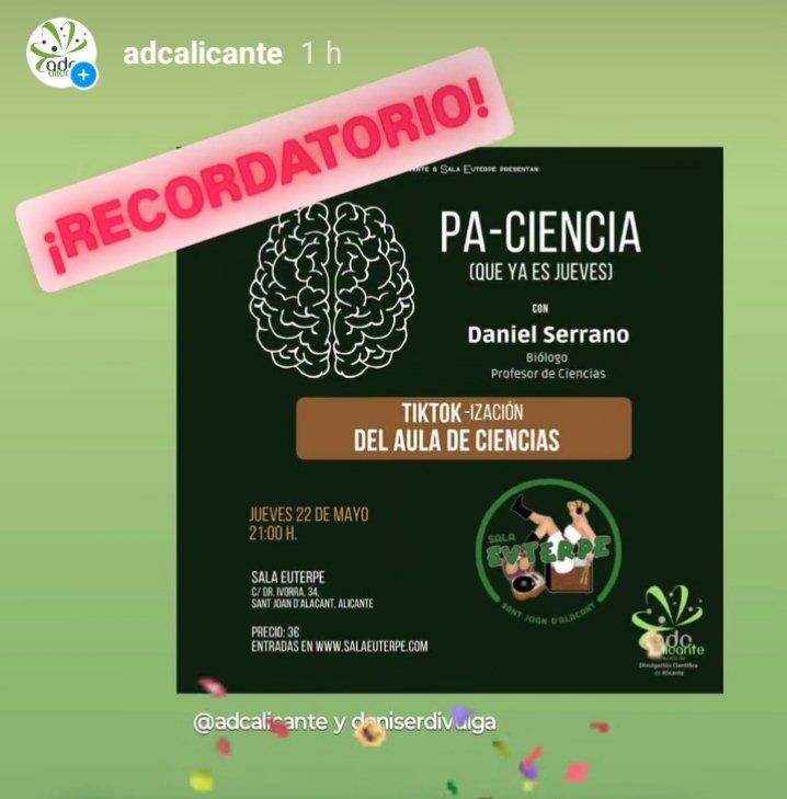 📣 ¡Es hoy! ¡Pa-Ciencia (que ya es jueves)! 🧠✨ Último de la temporada, ¡vamos! 😜
A las 21h. en la <a href="/SalaEuterpe/">Sala Euterpe</a> estará Dani, profe de #Ciencias y estudiante de #ComunicaciónCientífica q nos ilustrará sobre #TikTok📱
👇ENTRADAS 👇
entradas.salaeuterpe.com/web/?menu=1162…  #TikTokYEducación