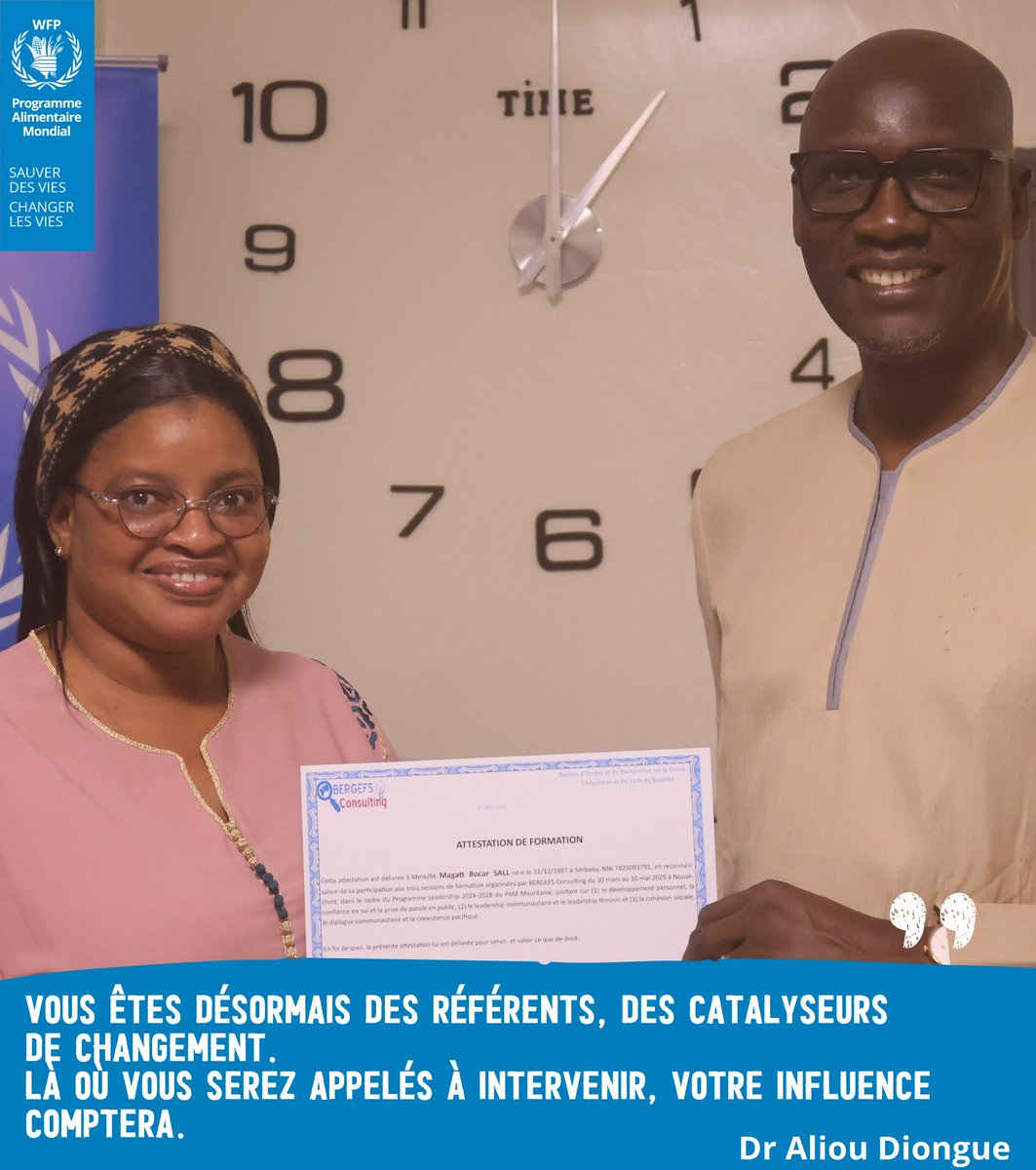 WFPMauritaniaCD's tweet image. Après trois mois de formation, le programme de leadership du #PAMMauritanie a permis de renforcer les compétences des participants pour un leadership inclusif et durable.
Bravo à eux pour leur rôle actif dans la transformation des communautés ! 👏
#Leadership #PAMMauritanie